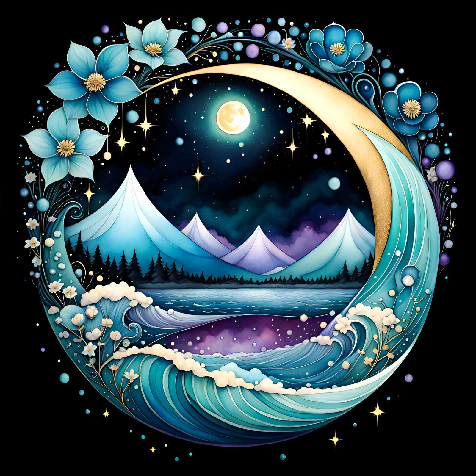 Starry Floral Moonscape in Watercolor Style