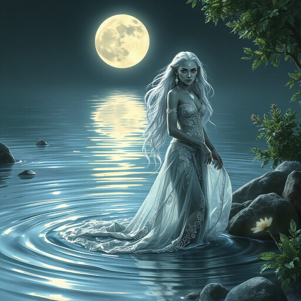 Moonlit Drow Elf in Tranquil Waters