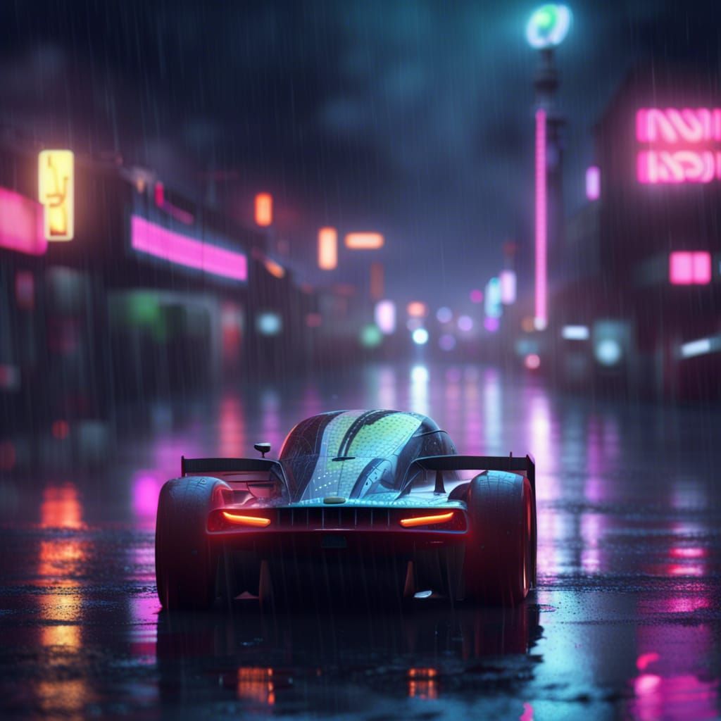 Neon Race Car in Rain: Detailed Matte Painting