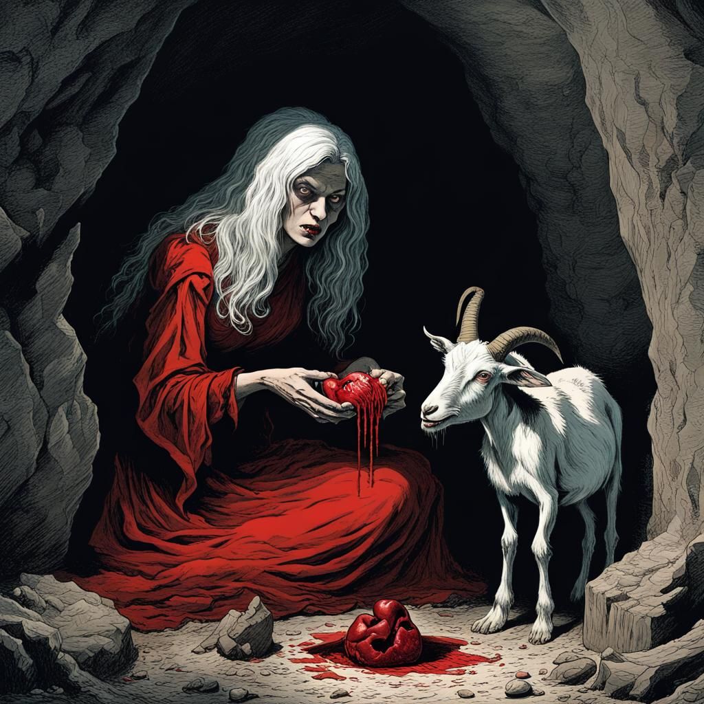 Witch in Cave Eating Heart, Creepy Illustration