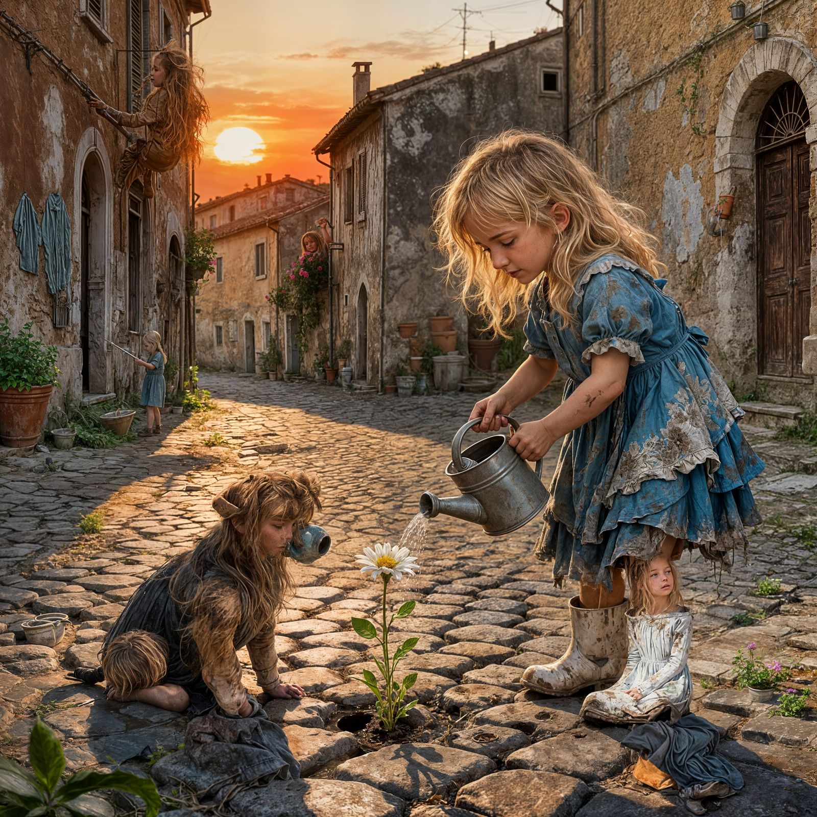 Girl Waters Last Flower in Italian Village Sunset