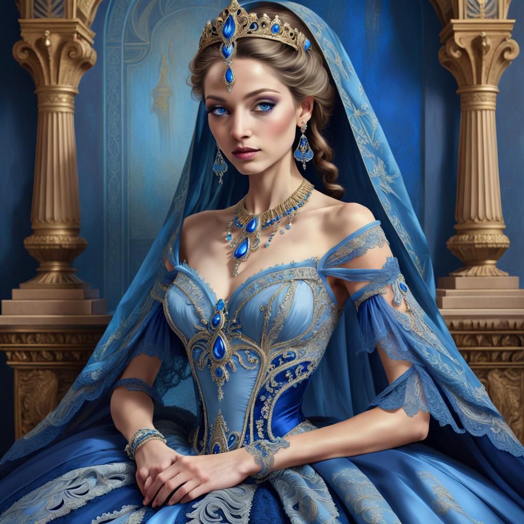 Regal Renaissance Queen in Lavish Blue Ballgown