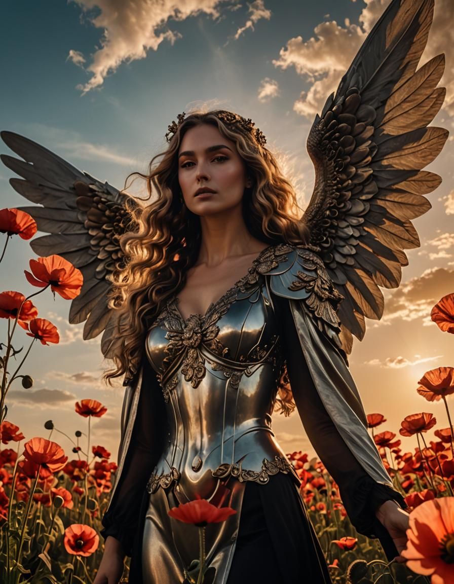 Supermodel with Angel Wings in Sundown Sky