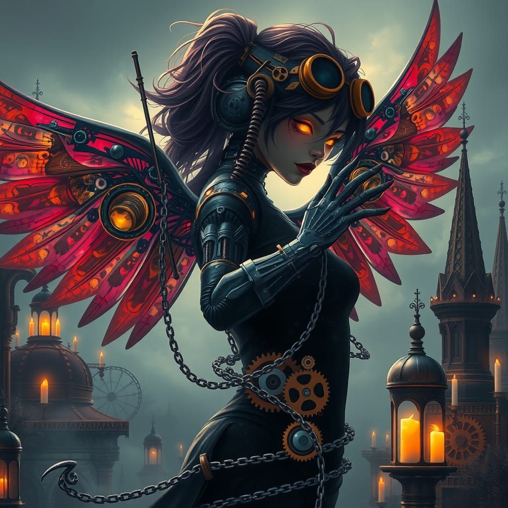 Android Angel in Steampunk Landscape with Kaleidoscope Color...