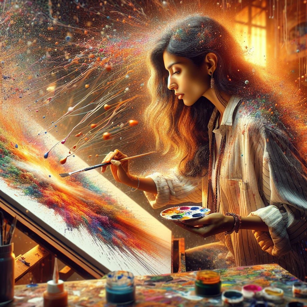 Artist's Creative Passion in a Paint-Splattered Studio