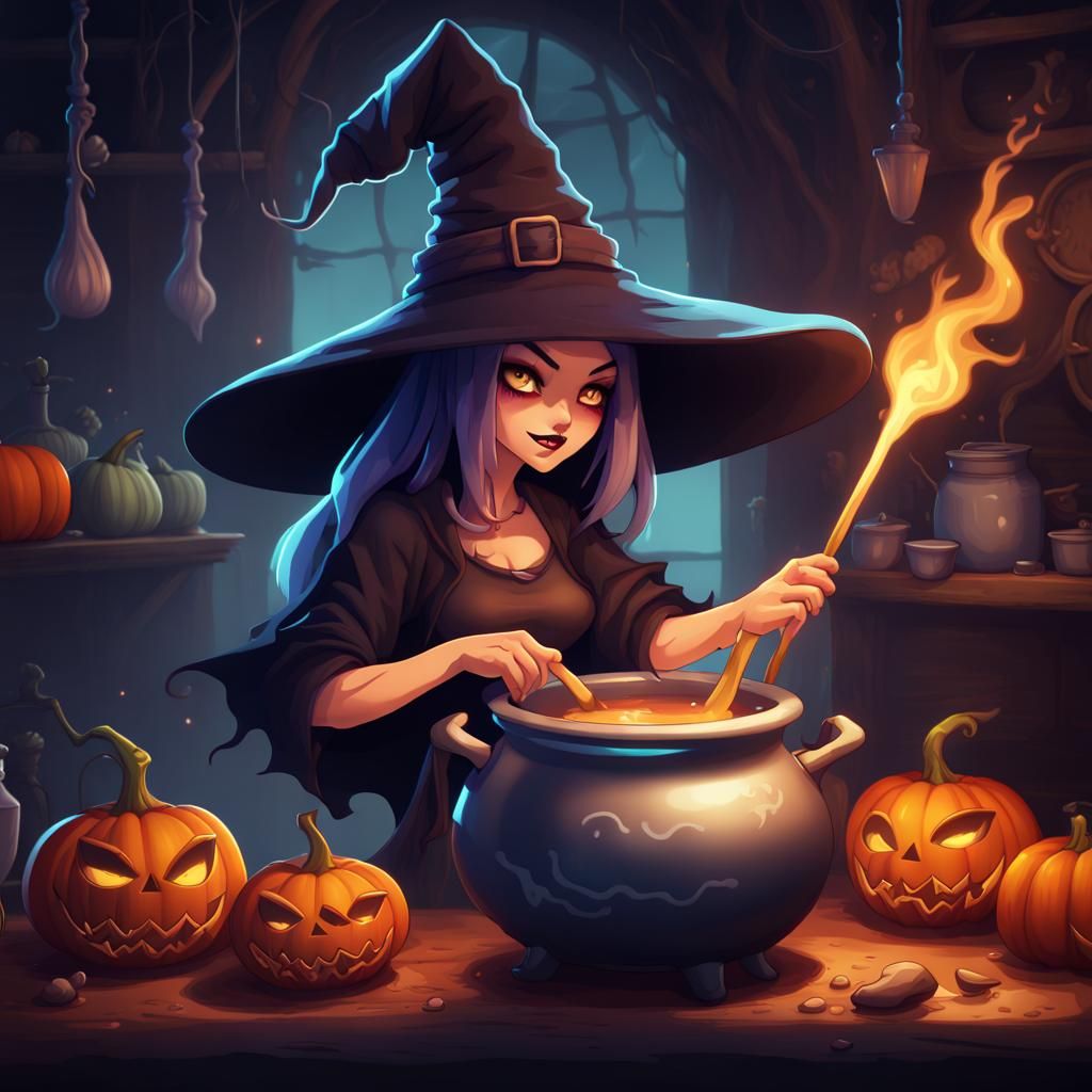 Kawaii Chibi Witch Stirring Potion for Halloween