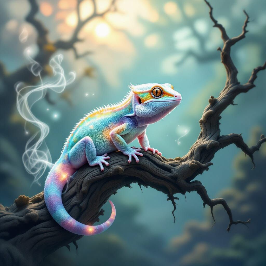 Spectral Gecko on Ancient Branch in Surreal Landscape