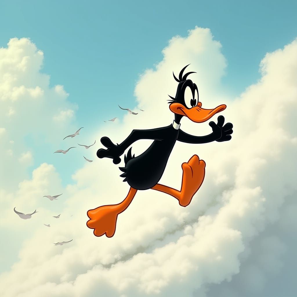 Daffy Duck in a Whimsical Sprint Down a Cloudy Landscape