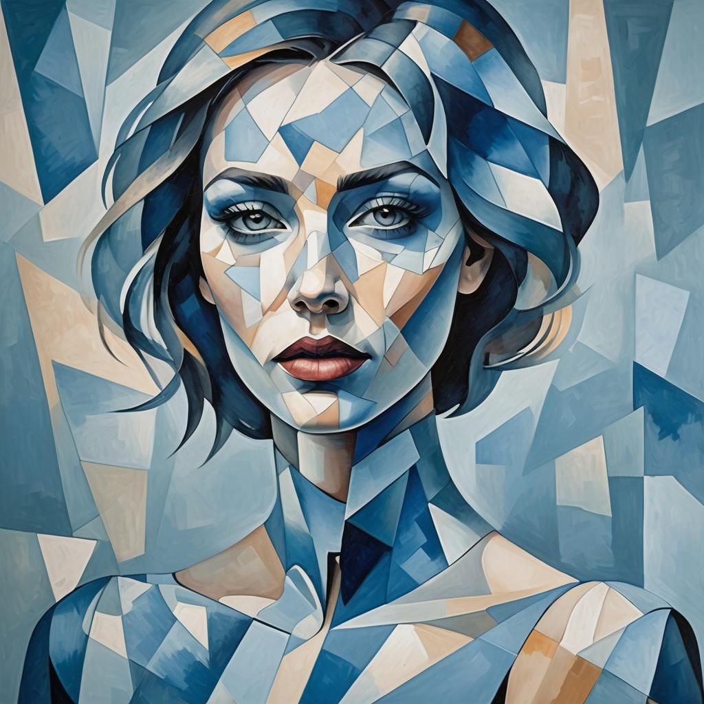 Abstract Cubist Portrait in Blue Geometric Forms