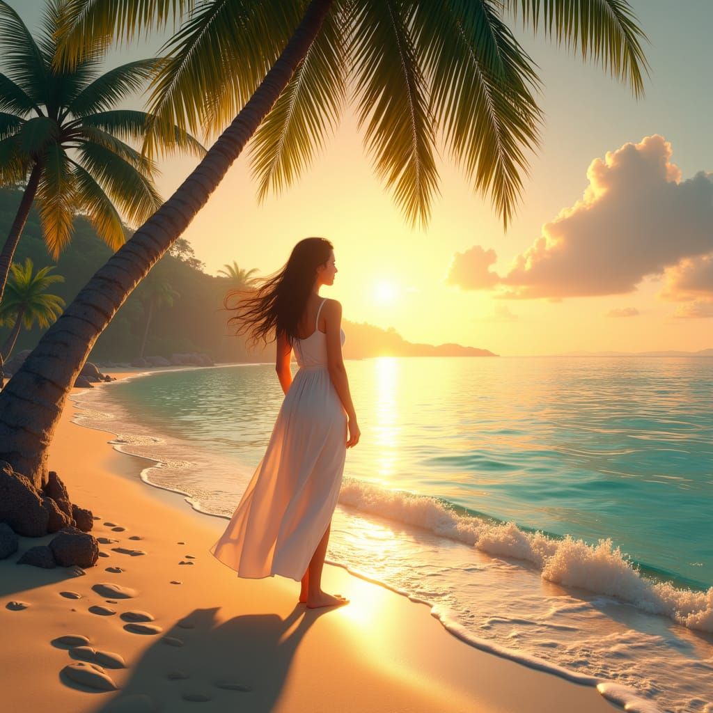 Tropical Beach Sunset with Serene Woman, Hyper-Realistic Sty...