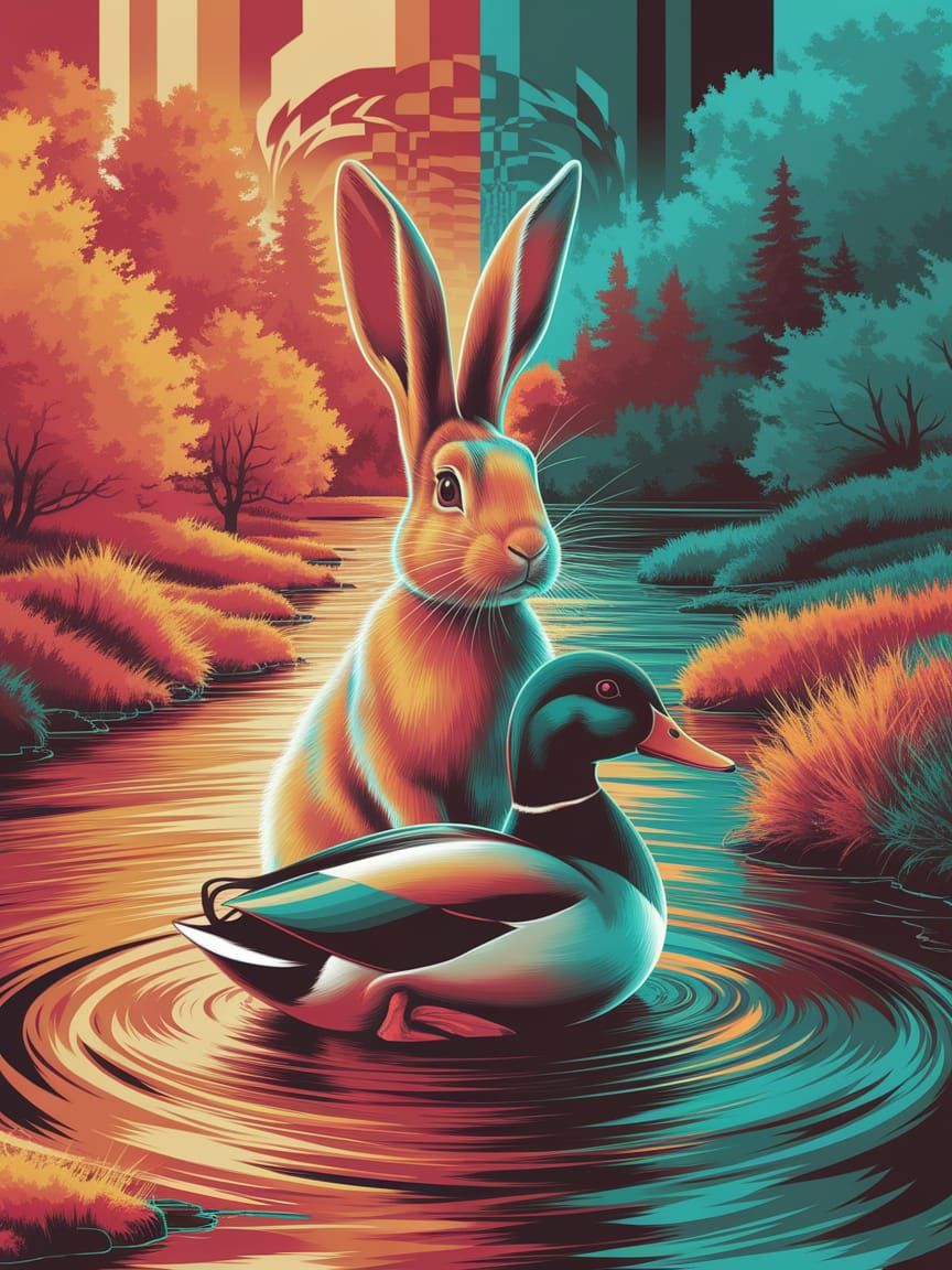Rabbit and Duck Optical Illusion in Digital Art Style