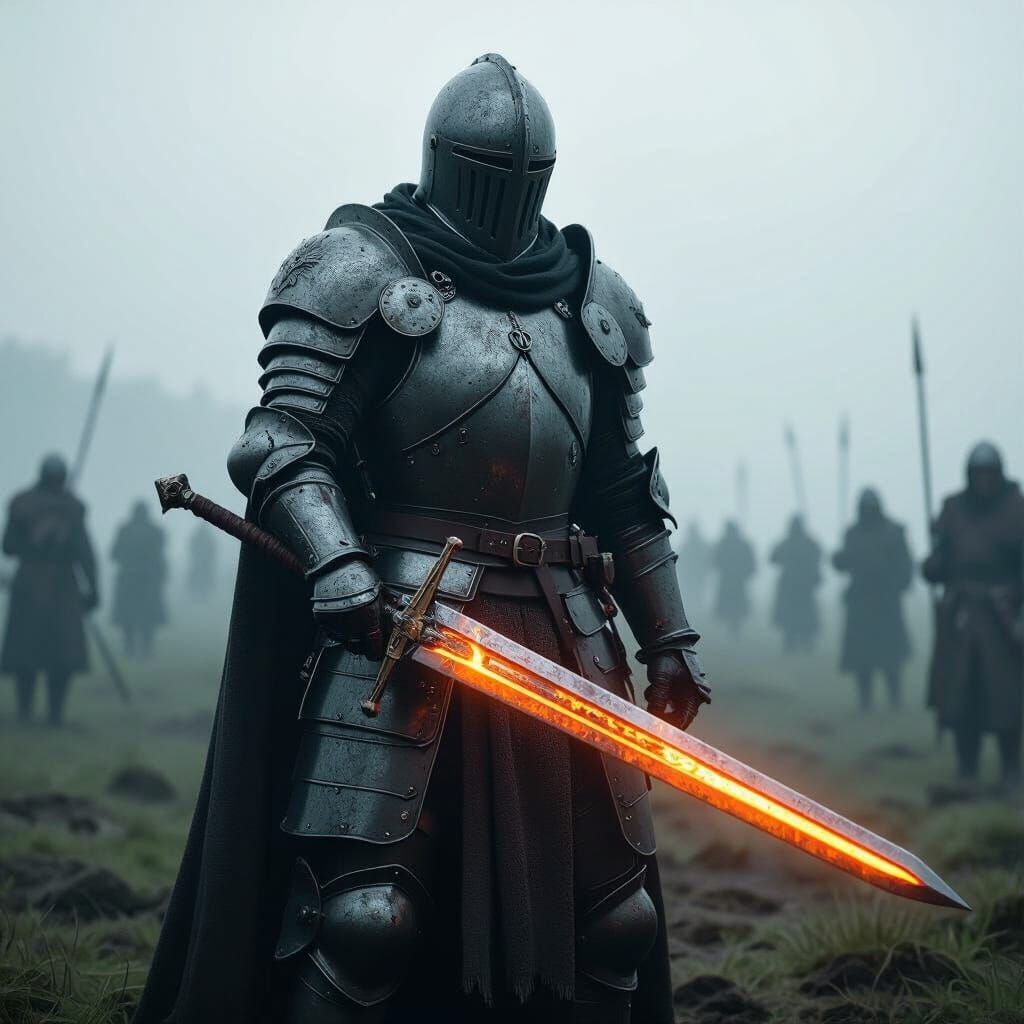 Armored Knight with Glowing Blade in Foggy Battlefield