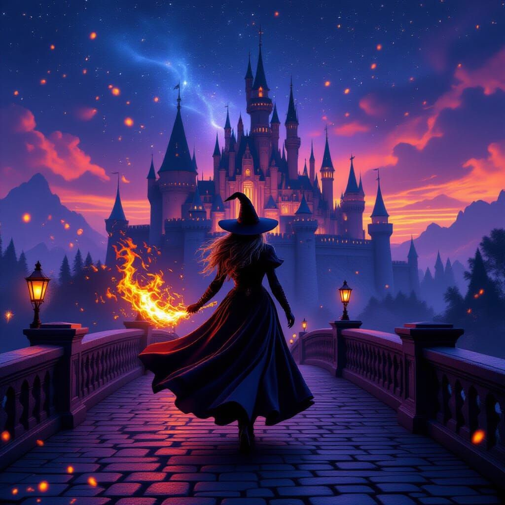 Elegant Witch on Stone Bridge with Fantasy Castle