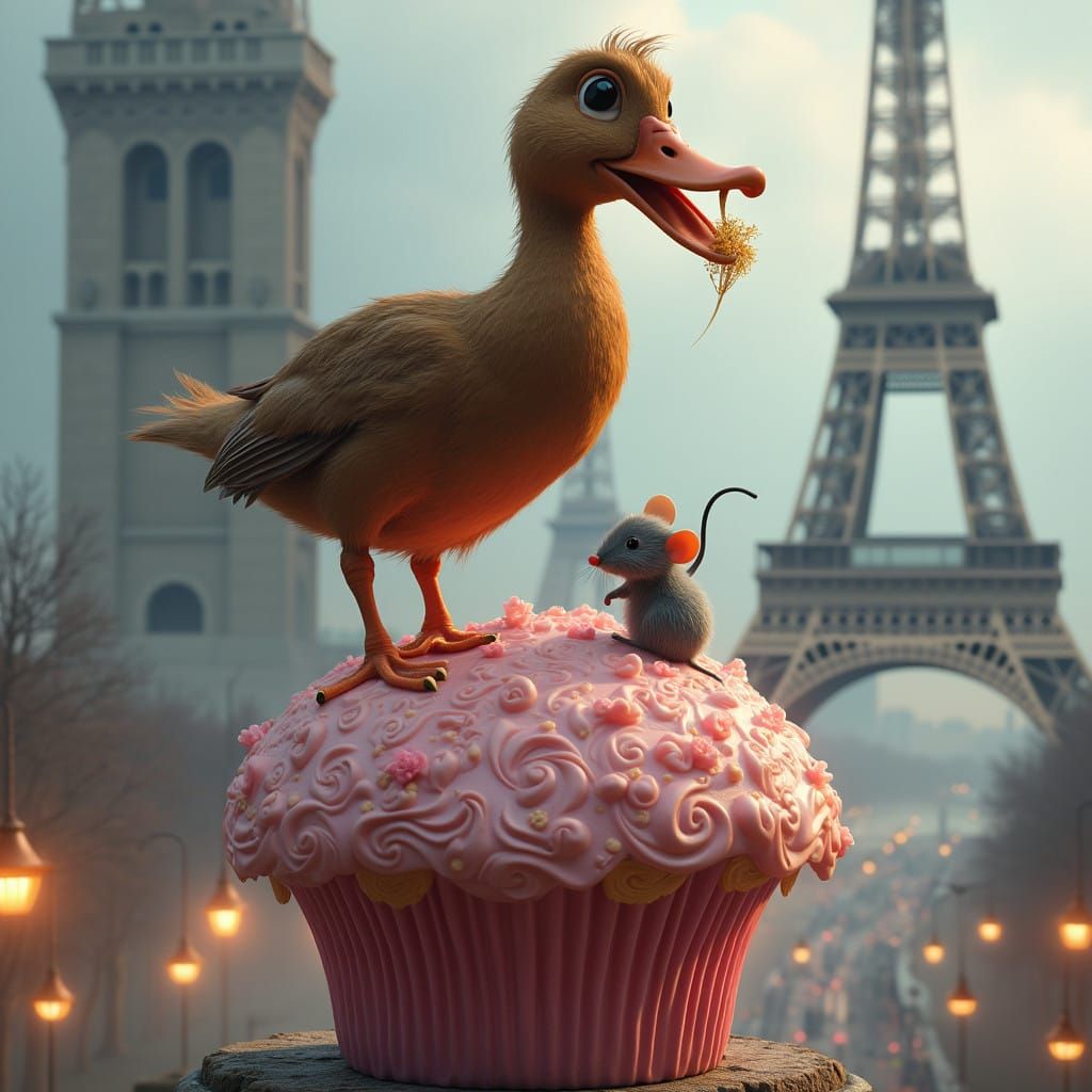 Brown Duck Triumphs on Pink Cupcake Amidst Parisian Elegance