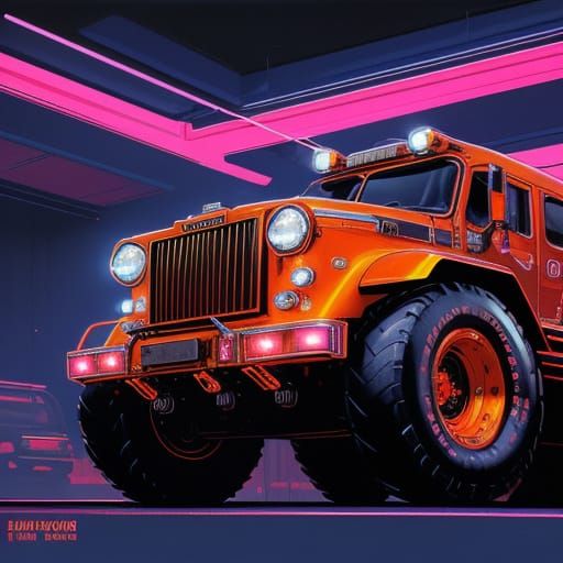 Retro Futuristic Fire Truck in Neon Hues