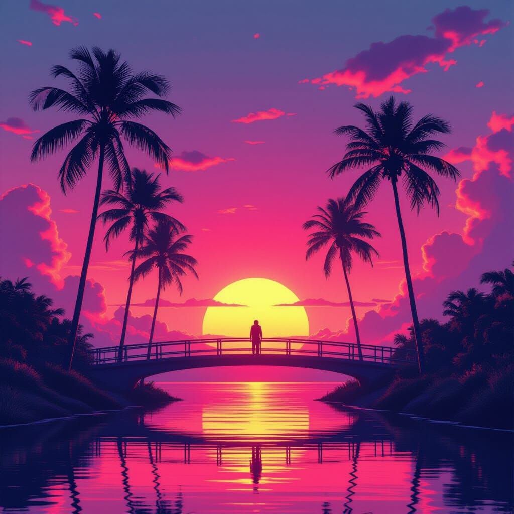 Neon Sunset with Figure in Synthwave Style
