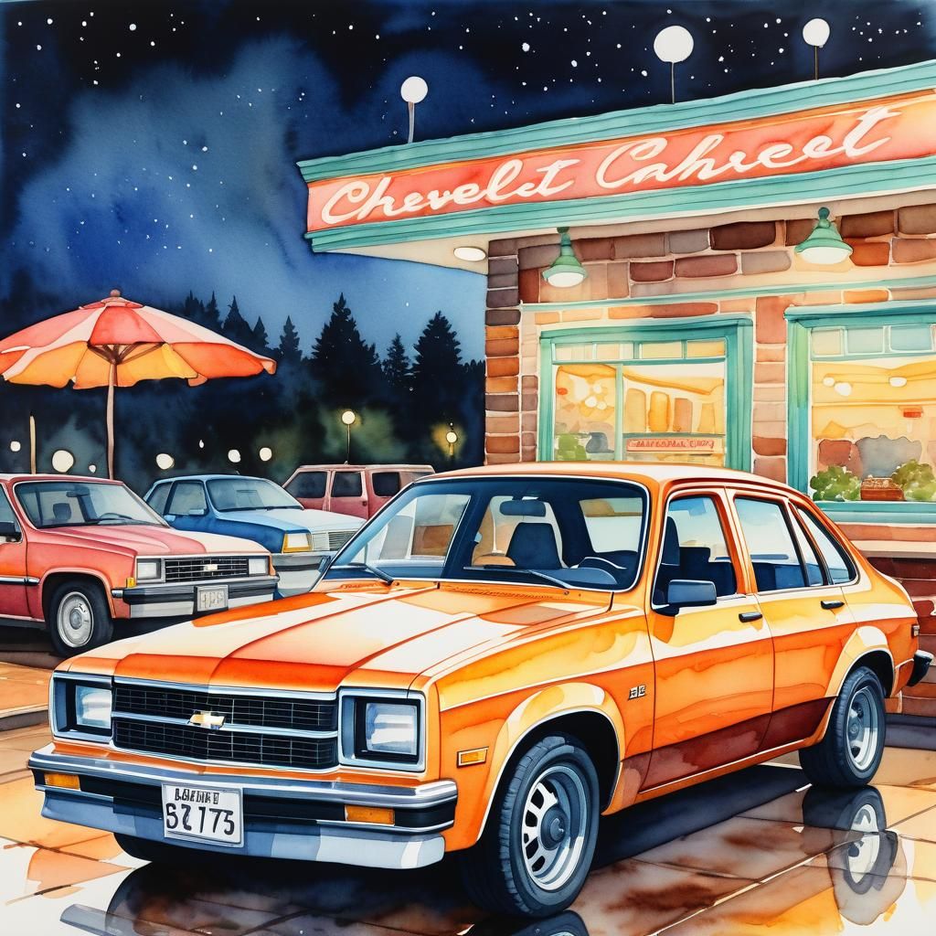 1980s Chevy Chevette Diner Scene in Watercolor