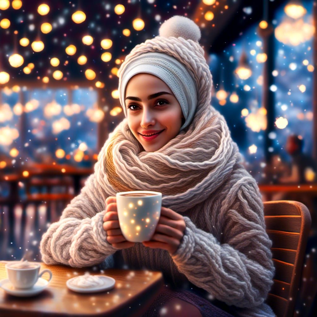Cute Hijabi Girl in Cafe Drinking Hot Coco