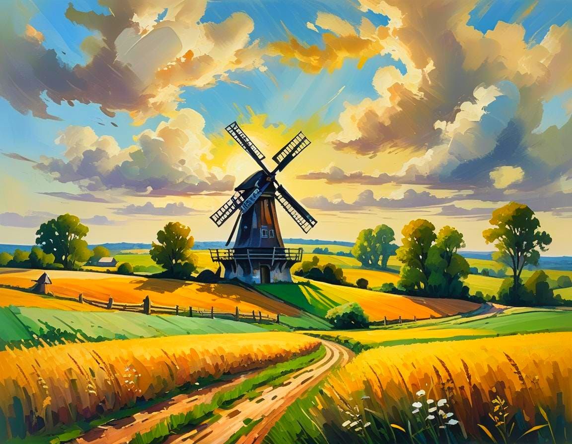 Windmills in Field, Gouache Watercolor Impressionism