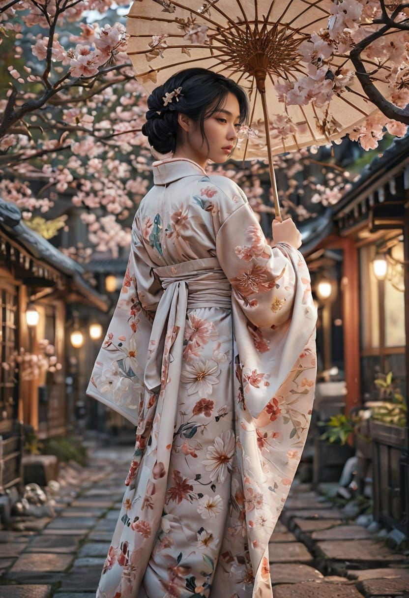 Japanese Woman Under Cherry Blossoms Umbrella