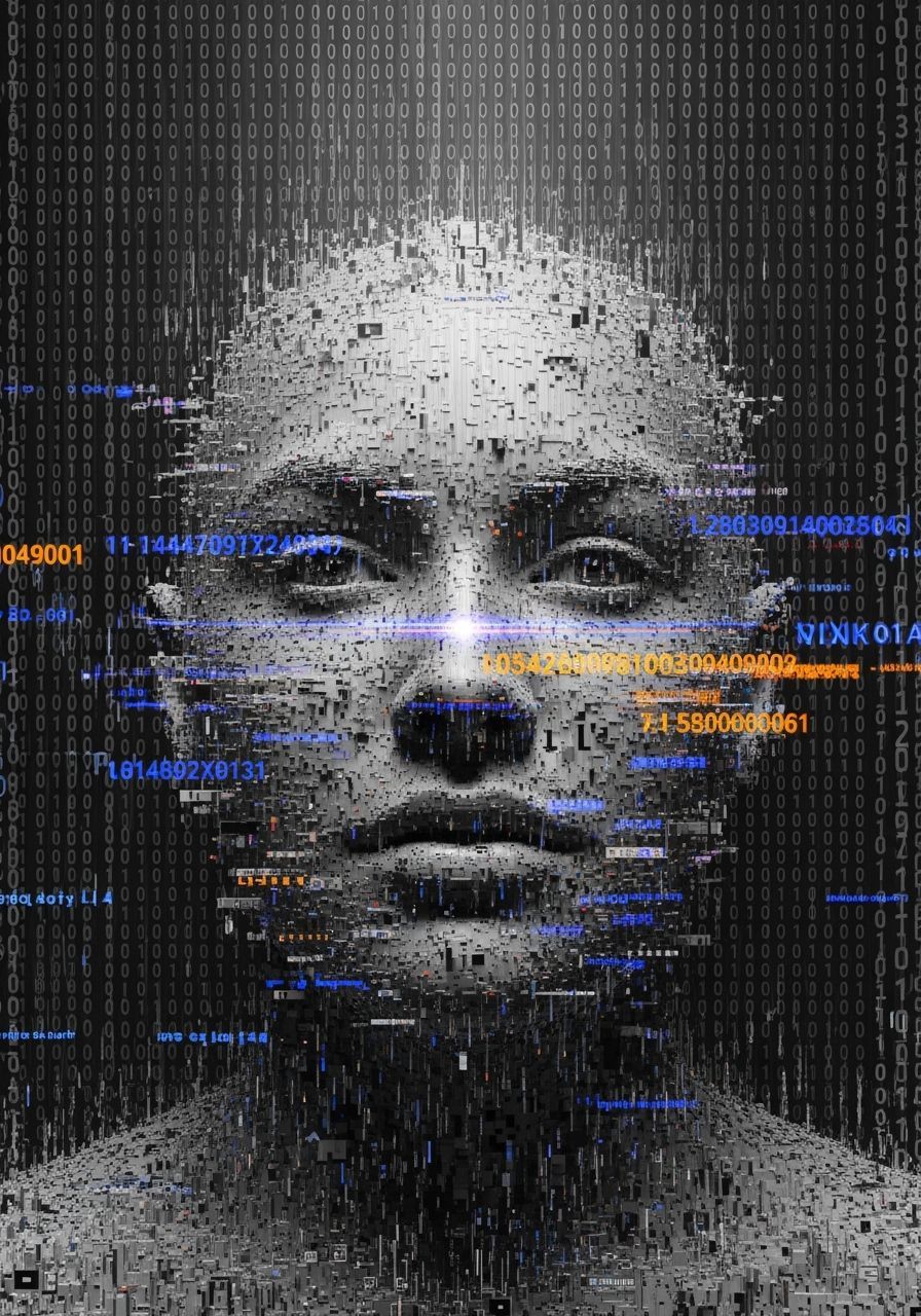 Glitch Art Portrait Emerging from Binary Code