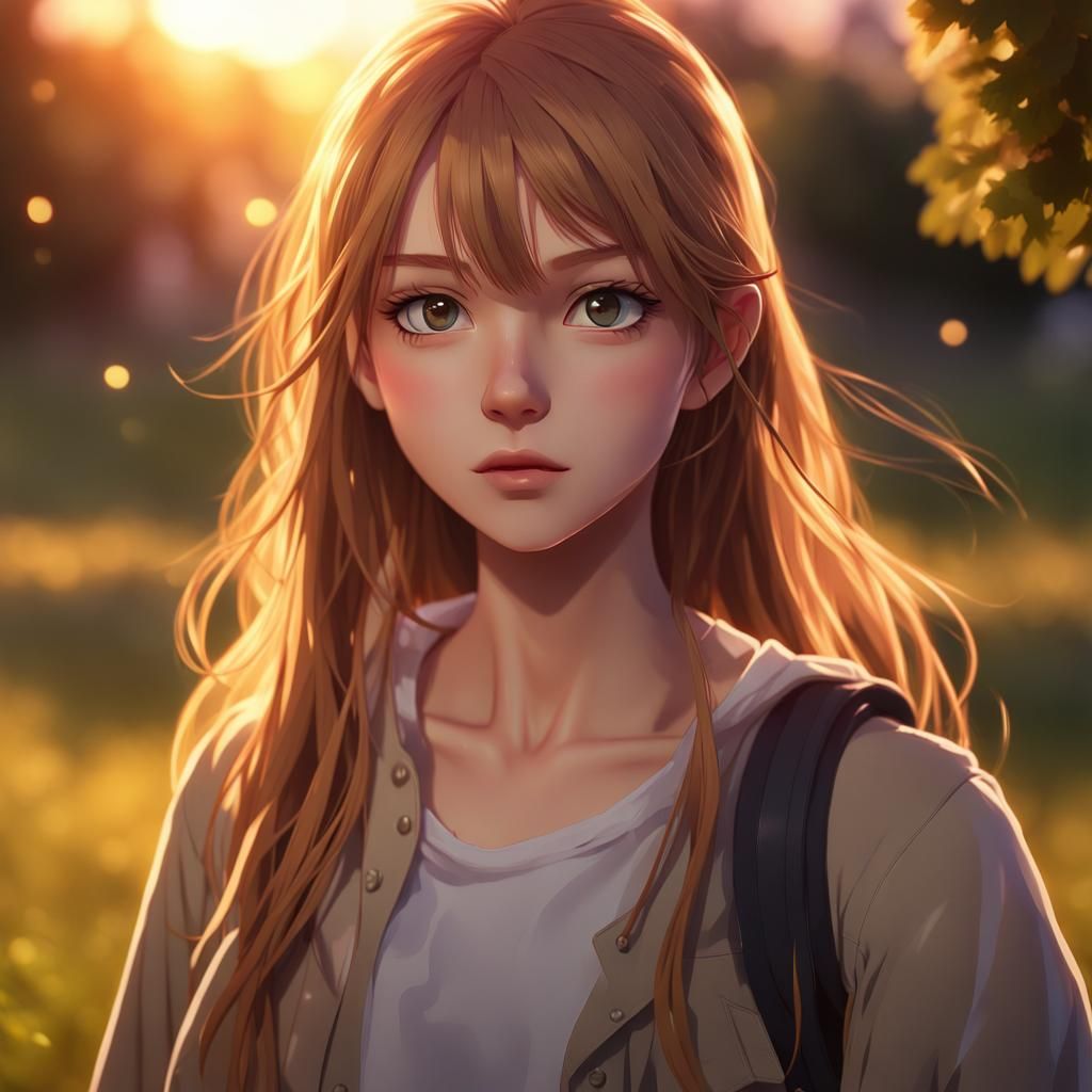Anime Girl at Sunset in Hyperdetailed Lighting