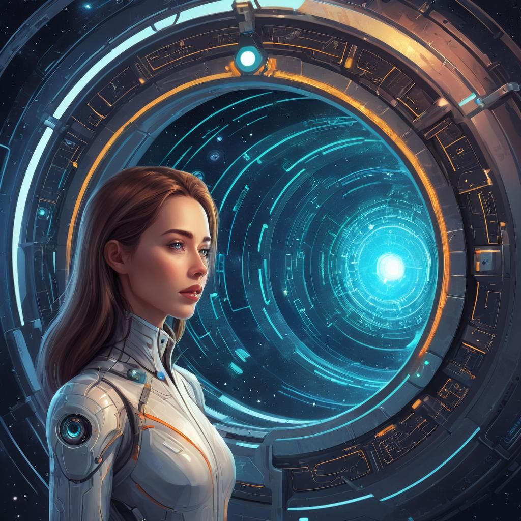 Android Woman in Lab with Space Portal