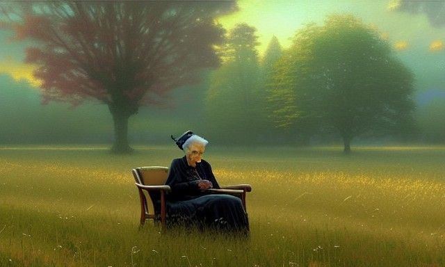 Ethereal Elderly Woman in Ominous Field