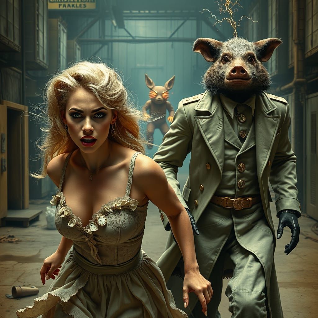 Distressed Woman Fleds with Grotesque Wild Boar Man in Desol...