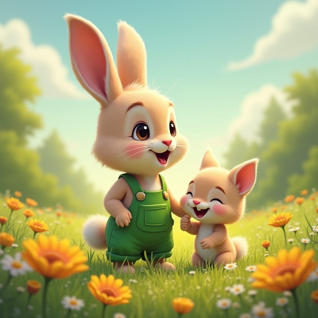 Cartoon Rabbit and Kitten in Sunny Meadow