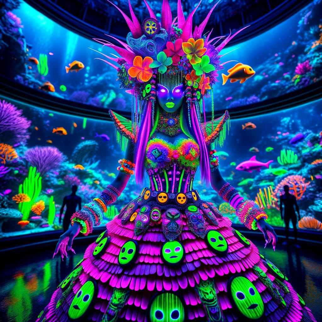 Glowing South Asian Raver Goddess in a Futuristic Aquarium S...