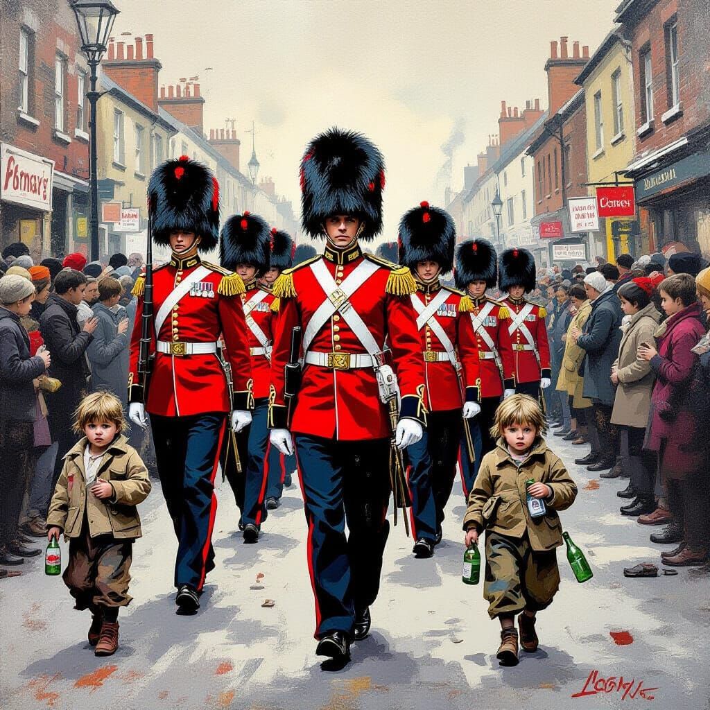 Queen's Guard Marching Through Austerity, Banksy-esque Style