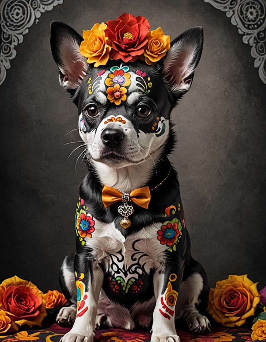 Dog with Sugar Skull Face for Day of the Dead