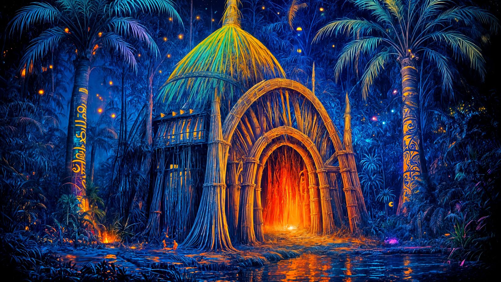 Bioluminescent Marsh Arab House in Surreal Blacklight Art