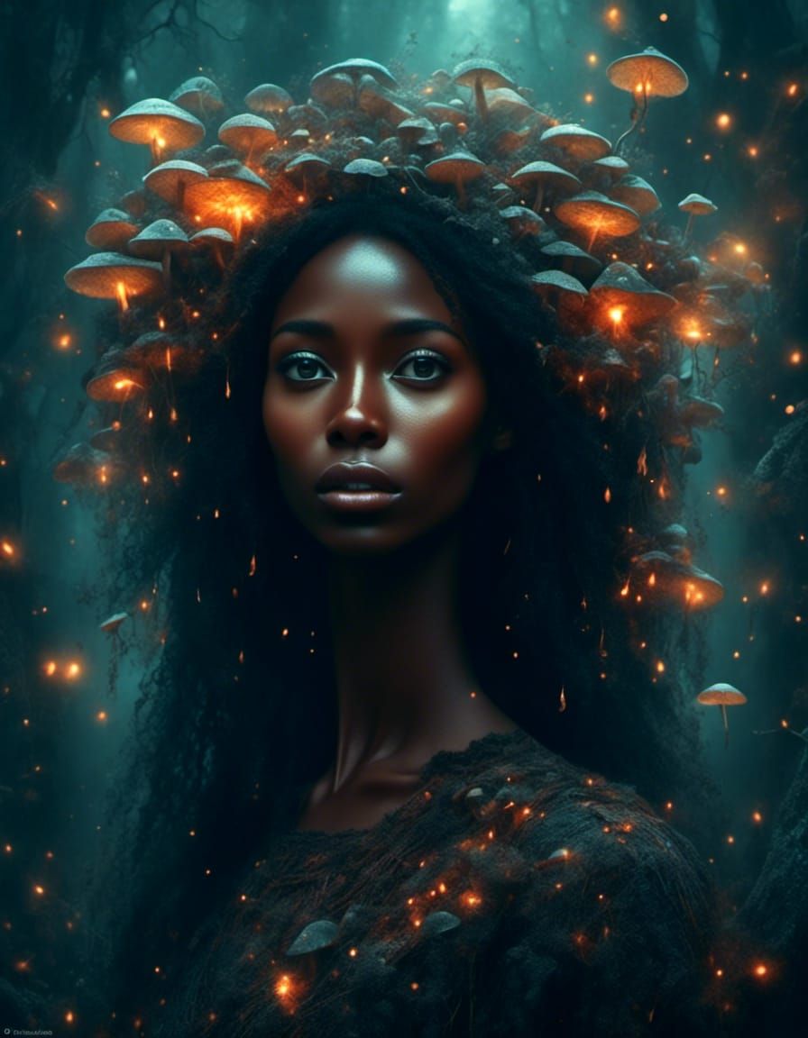 Ethereal Portrait: Woman in Mystical Mushroom Forest