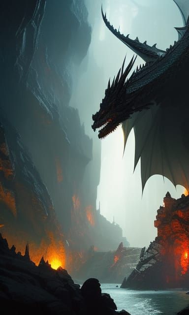Majestic Dragon in Cave: Dark Fantasy Concept Art