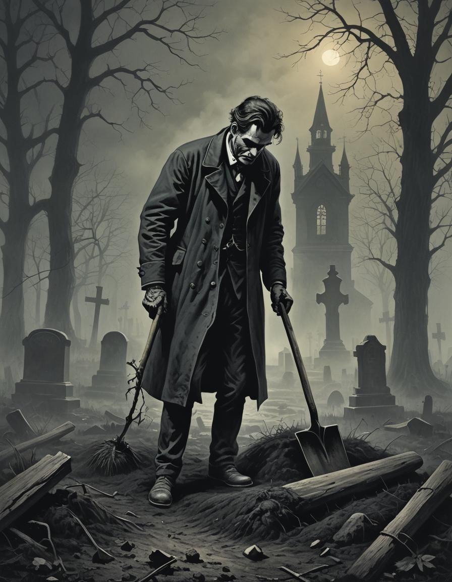 Gothic Victorian Man Digging Grave Illustration
