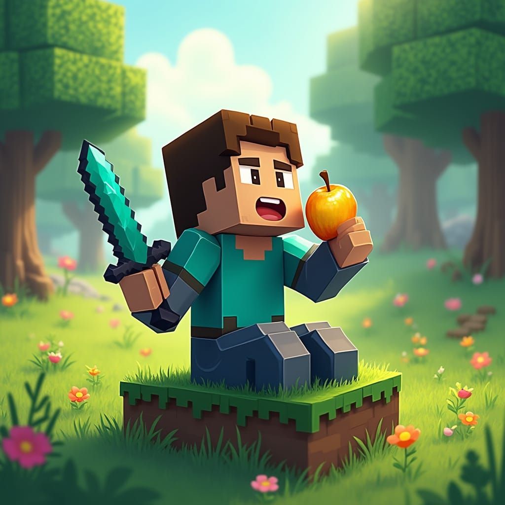 Blocky Pixel Art of a Minecraft Player Enjoying a Golden App...