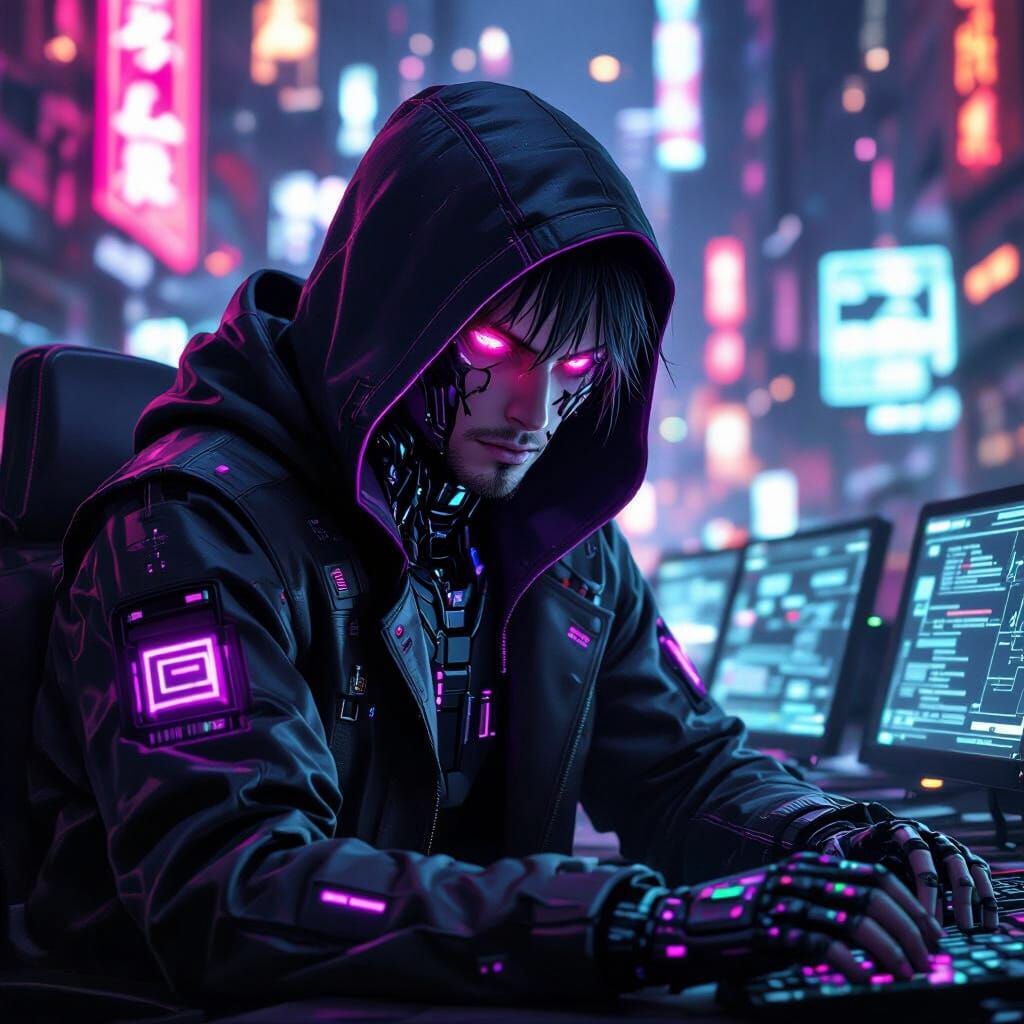 Cyberpunk Hacker in Neon City, Anime Style
