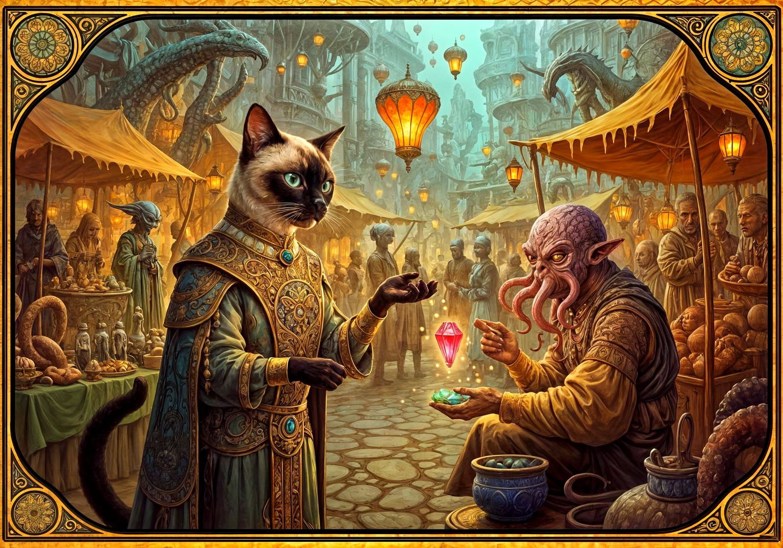 Siamese Cat Haggling in Alien Marketplace, Art Nouveau Style