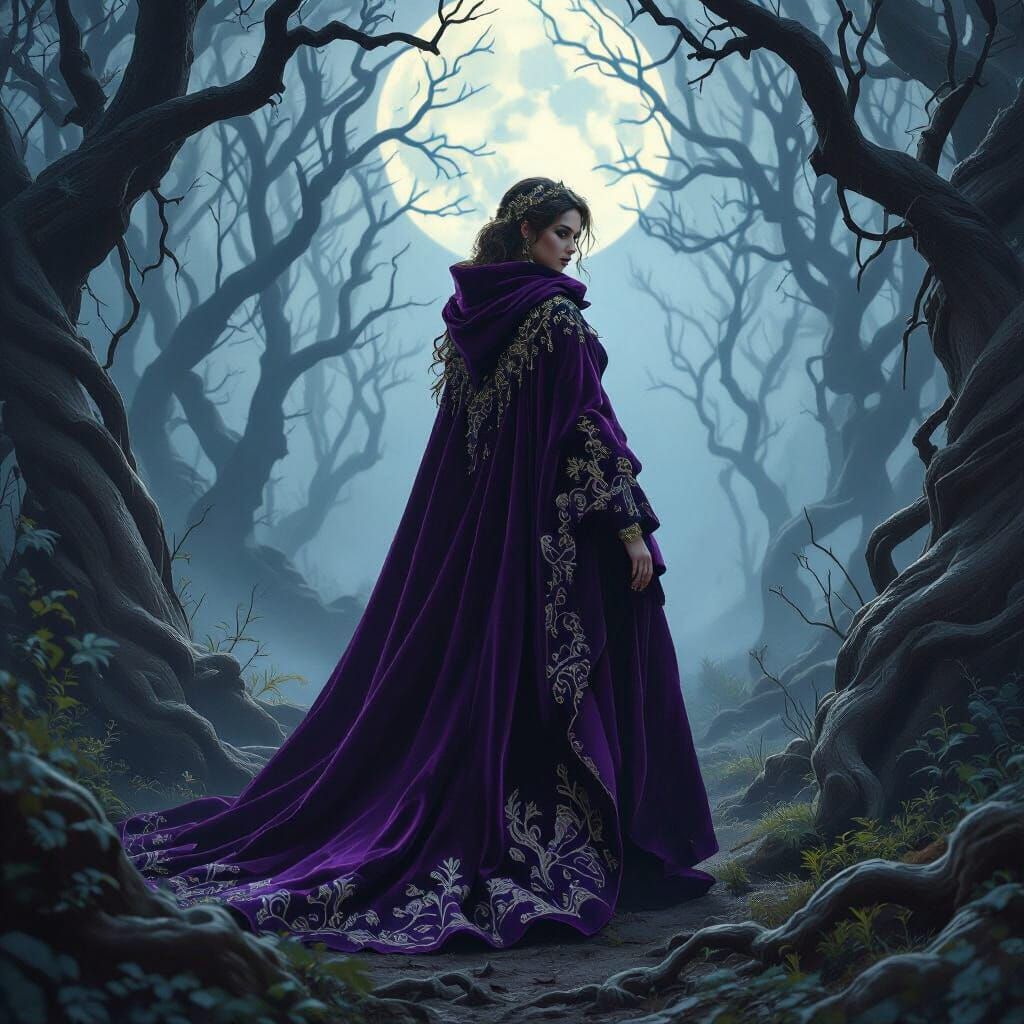 Mystical Witch in Moonlit Forest, Vibrant Colors
