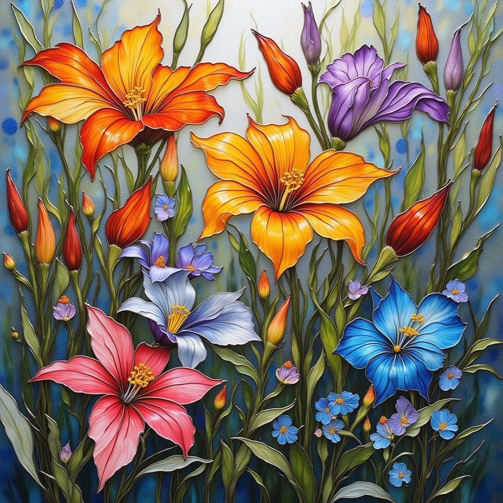 Vibrant Stained Glass Flowers in Sumi-e Style