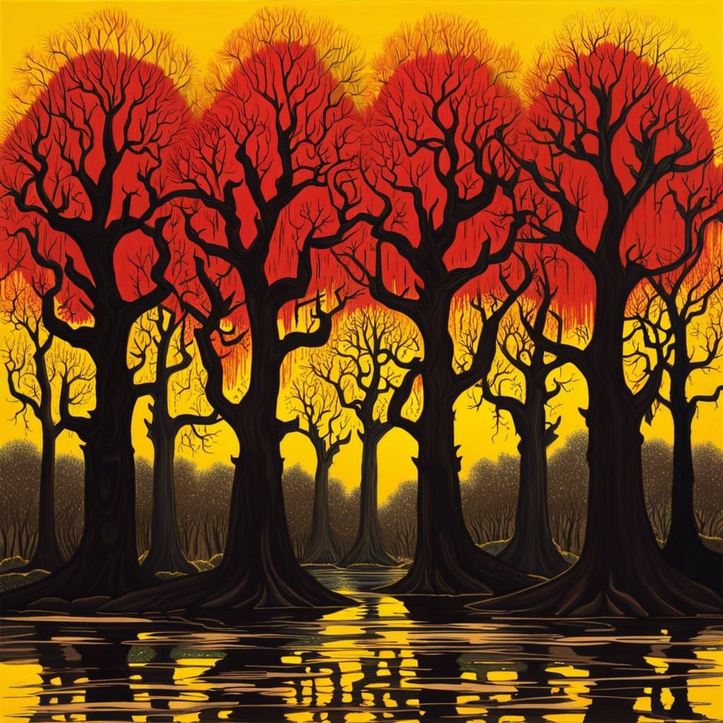 Sinister Black Trees in Blood Pond: Horror Composition