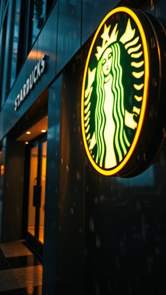 Starbucks Sign in Rainy Night, Cinematic Photography