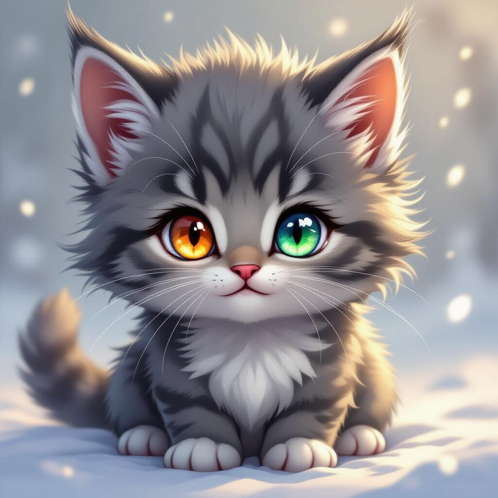 Cute Fluffy Kitten Warrior with Green and Orange Eyes