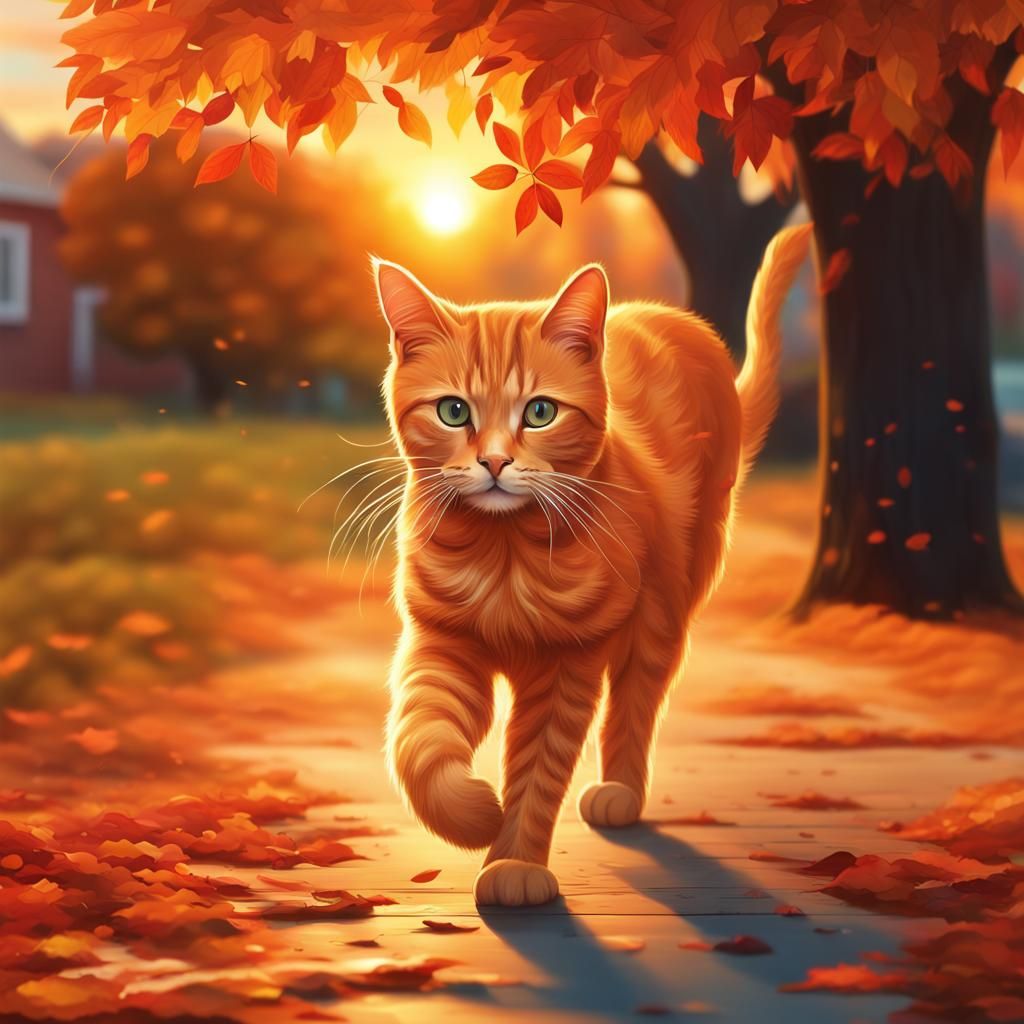 Autumn Sunset Tree with Orange Cat in Hyperrealistic Style