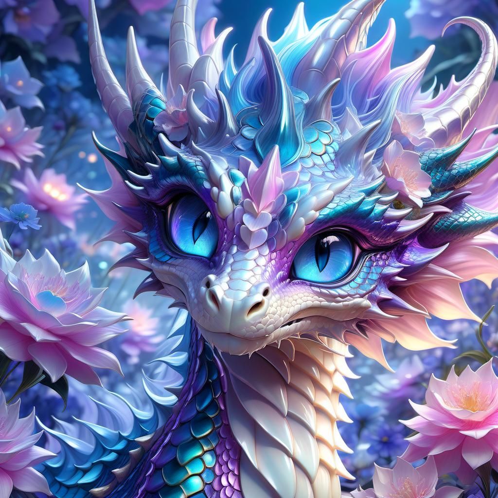 Pastel Metallic Dragon in Luminescent Flower Field