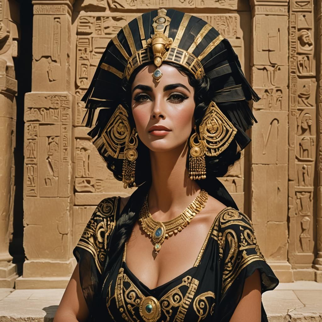 Elizabeth Taylor in an ornate black dress in a scene from "Cleopatra".