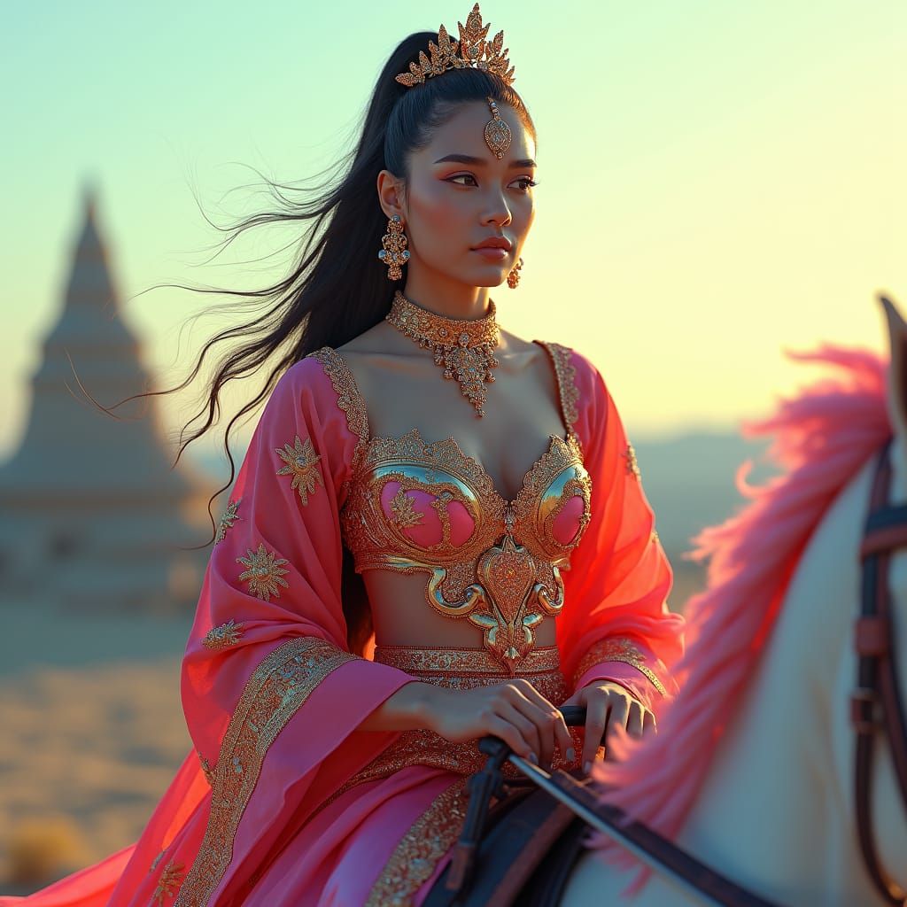 Regal Woman on Horse in Surreal Landscape