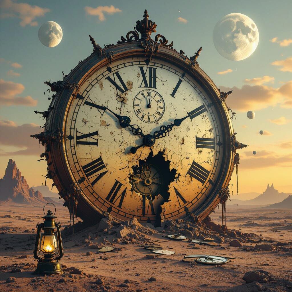 Surreal Melting Clock in Alien Landscape